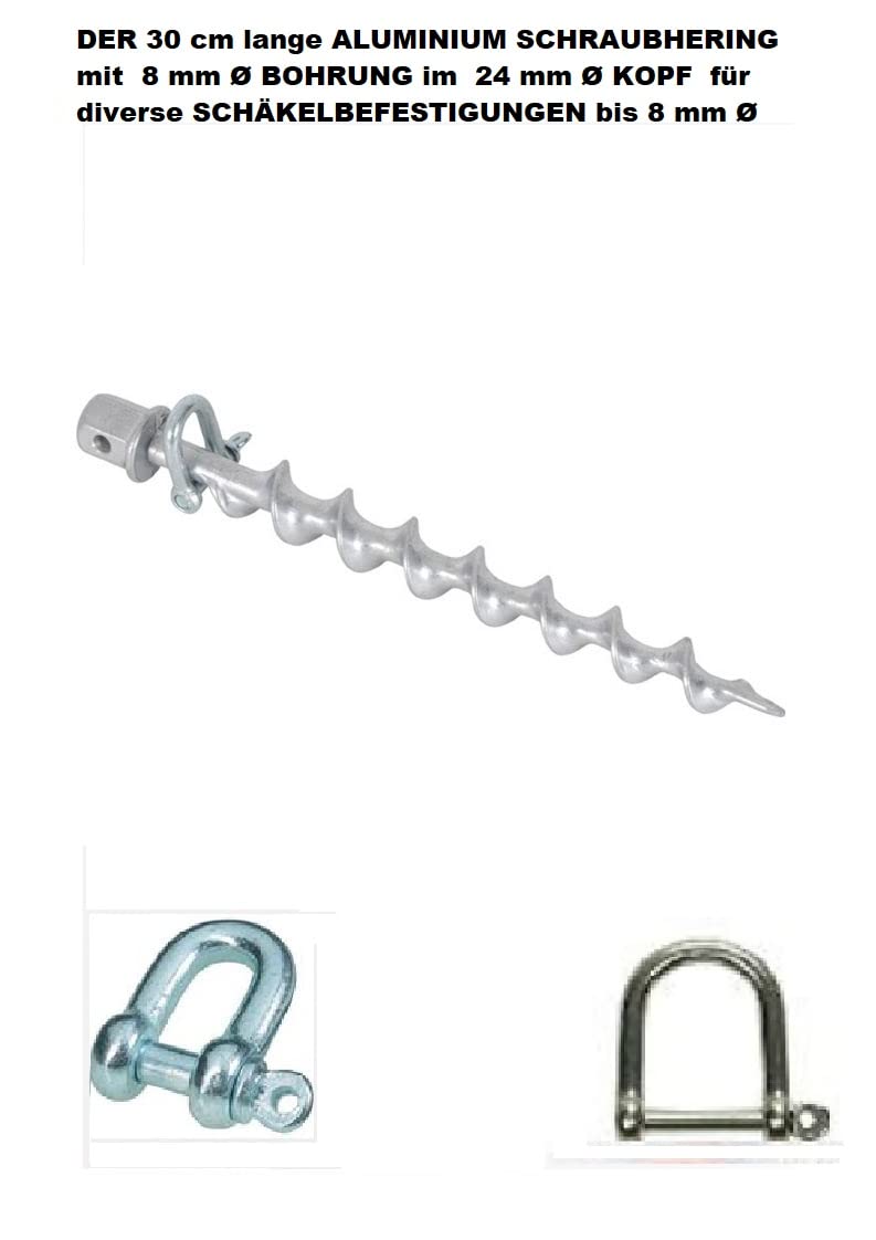 4 X ALU ZELTHERING mit einem WURMSCHRAUBEN Gewinde mit 24 mm NUSSADAPTER + 4 x STAHLSCHÄKEL 16 mm Ø + 4 x Edelstahl Schäkel, 24mm breit Rostfrei