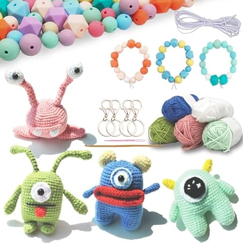 Keychain Making Kit- 101 PCS Silicone Beads& 4pcs Crochet Kit for Adults Kids, 15mm 14mm 12 mm Rubber Silicone Beads Bulk with Rope, DIY Knitting Supplies for Beginners with Step-by-Step Instructions Cover