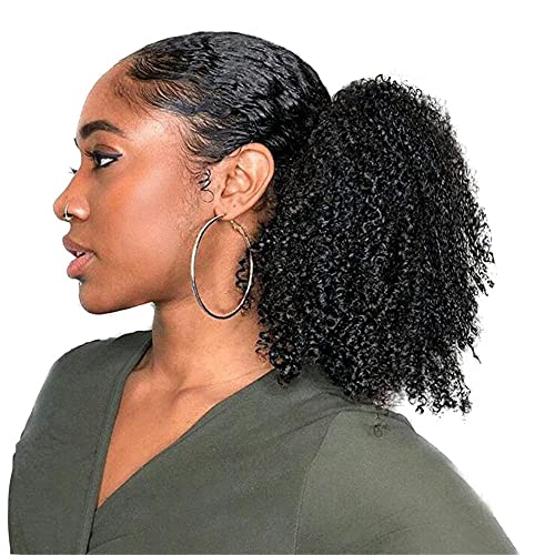 QAZPL Drawstring Ponytail Hair, Afro Kinky Curly, Human Hair, Wig For Women, 8-20 Inch #1B Natural Black, Support Perm Or Dye (Size : 8 inch)