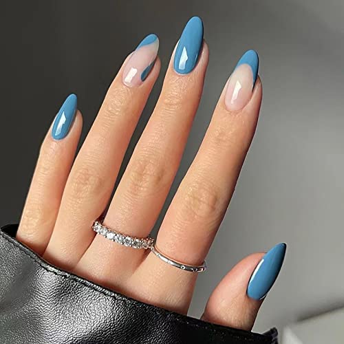 Ezpieces French Tip Press on Nails Short with Simple Design, Blue Graffiti Fake Oval Nails with Glue, Almond Swirls Medi