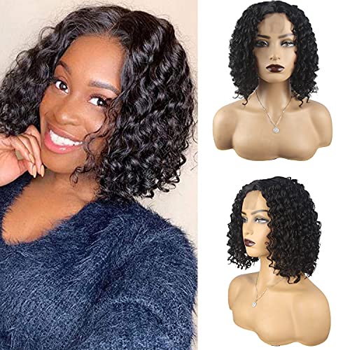 Short Curly Afro Wigs for Black Women: 10 inch Black Deep Wave Middle Part Wig with 1.5"x4" Lace Front Natural Looking Heat Resistant Synthetic Hair Replacement Wigs for Daily Party