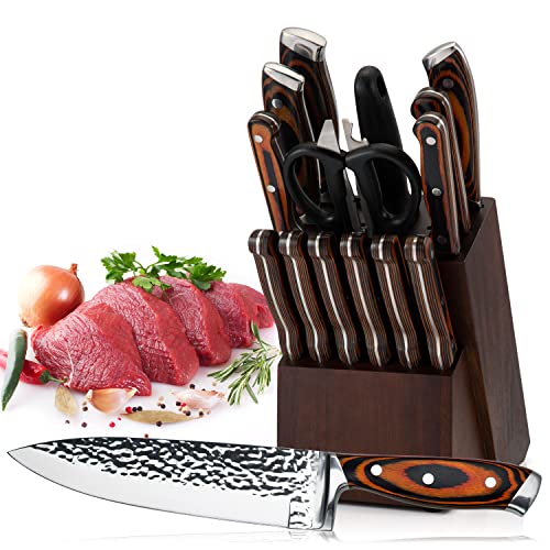 Knife Set, 15 Piece Kitchen Knife Set with Block, Japan Stainless Steel Knife Set, knife Set with Sharpener, Knife Block Set Chef Knife Block Set Steak Knife Bread Knife Boxed Knife Set