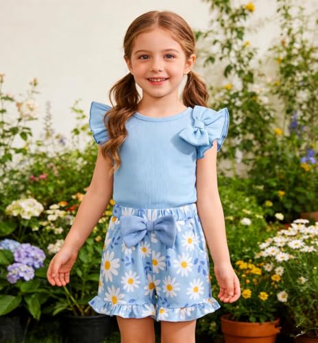 Image of Barlver Girls 2 Piece Short Set Baby Girl Summer Clothes Ruffle Sleeve T-Shirt and Bow Knot Shorts Toddler Girl Outfit Set