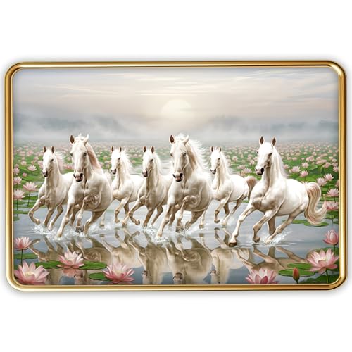 Image of Dharvika Innovations Vastu 7 Seven Running Horse Photo Frame, Golden Slim Frame, Sparkle Coated Lamination, 30x45 cm (Design 3)