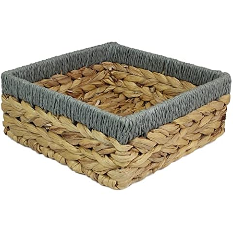 Square Water Hyacinth Small baskets for storage Natural and Grey wicker basket shelves open Decorative gift box Small bathroom mini tray makeup bathroom Kitchen organiser (Large 22cm, 1 x Basket) Cover