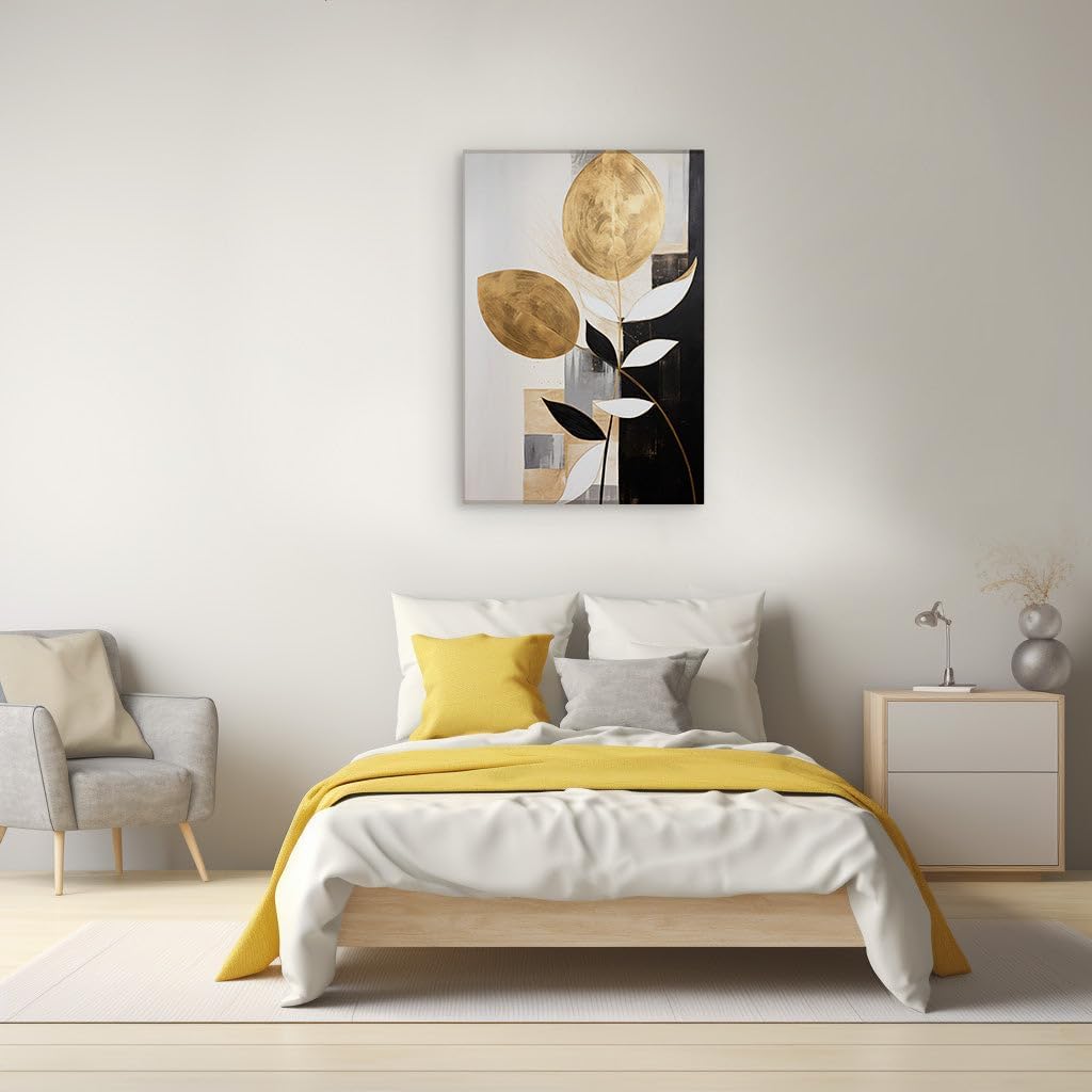 Canvas for Living Room. Golden Leaves of Opulence: Unraveling The Splendor in a Stylized Masterpiece, 27 x 18 inch Canvas Wall Art - Contemporary Masterpieces - Botanical Home Decor