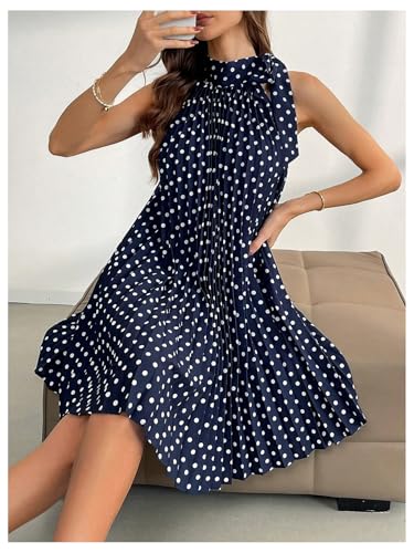 Image of MakeMeChic Women's Polka Dots Halter Dress Tie Sleeveless Pleated A Line Flare Mini Dresses Light Blue X-Large