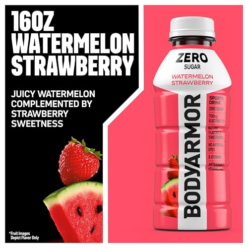 Image of BODYARMOR ZERO Sugar Watermelon Strawberry Electrolyte Drink, Natural Flavors, 16 Fl Oz Bottles (12 Pack), B Vitamins & Antioxidants Sugar Free Hydration