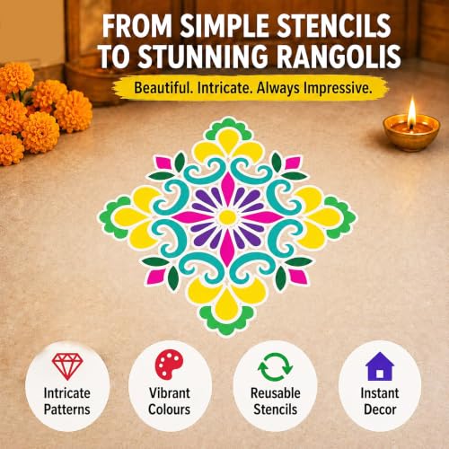 Image of SWAGSTATION Mandala Rangoli Stencils Set Rangoli Stencil Big Size for Floor (Set of 7 Stencil, 6 Rangoli Colors Set, Mandala Decorative Stencils Combo) Mandala Rangoli Making Tools Kit, Multi