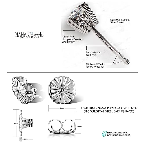 NANA Jewels Cushion Cut Simulated Diamond Stud Earrings 14K Solid Gold Post & Sterling Silver -0.60ctw-4.00ctw CZ3