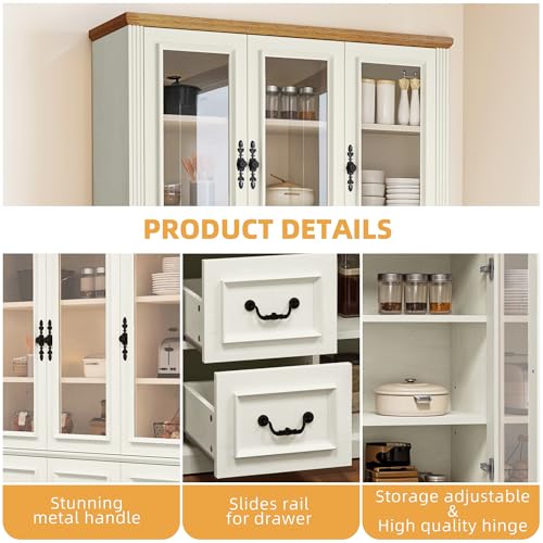 DWVO Large Storage Cabinet, 72" Tall Kitchen Pantry with Glass Doors, Freestanding Glass Display Cabinets with Adjustable Shelves & Drawers, Food China Hutch for Dining Room, Living Room, White