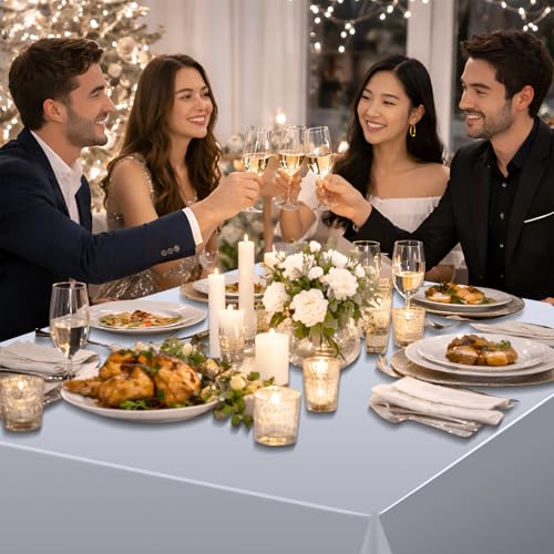 Image of 6 Pack Silver Plastic Tablecloth, Disposable Rectangle Table Covers, Holographic Metallic Foil Tablecloth Silver Party Supplies Decorations for Birthday Graduation Disco Bachelorette, 54x108Inch
