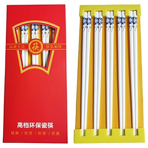 10 Pairs Ceramic Chopsticks With Blue Flower Pattern, 9.72 inch High-grade Bone Porcelain Chopsticks with Delicate Box, Chinese Stylish Easy to Clean Reusable Dishwasher Safe Microwave Safe Chopsticks Cover