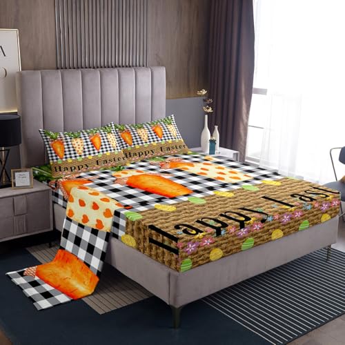 Happy Easter Bed Sheets King Size,Cartoon Carrot Eggs Bedding Set,Black White Grid Patchwork Brown Fitted Sheet for Kids Girls Boys Women Room Decor,Cartoon Carrot Deep Pocket Sheet 4Pcs