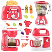 Pretend Play Kitchen Appliances Toy Set with Realistic Sounds Role Pretend Play Kitchen Accessories Set with Coffee Maker Machine,Blender, Mixer and Toaster for Kids Toddlers Boys Girls Ages 3+
