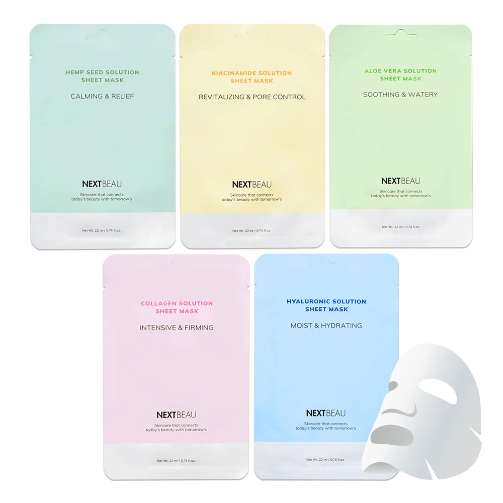 NEXTBEAU [PACK OF 20 Solution Sheet Mask Pack 5types x 4pc Aloe, Niacinamide, Collagen, Hemp seed, Hyaluronic Acid