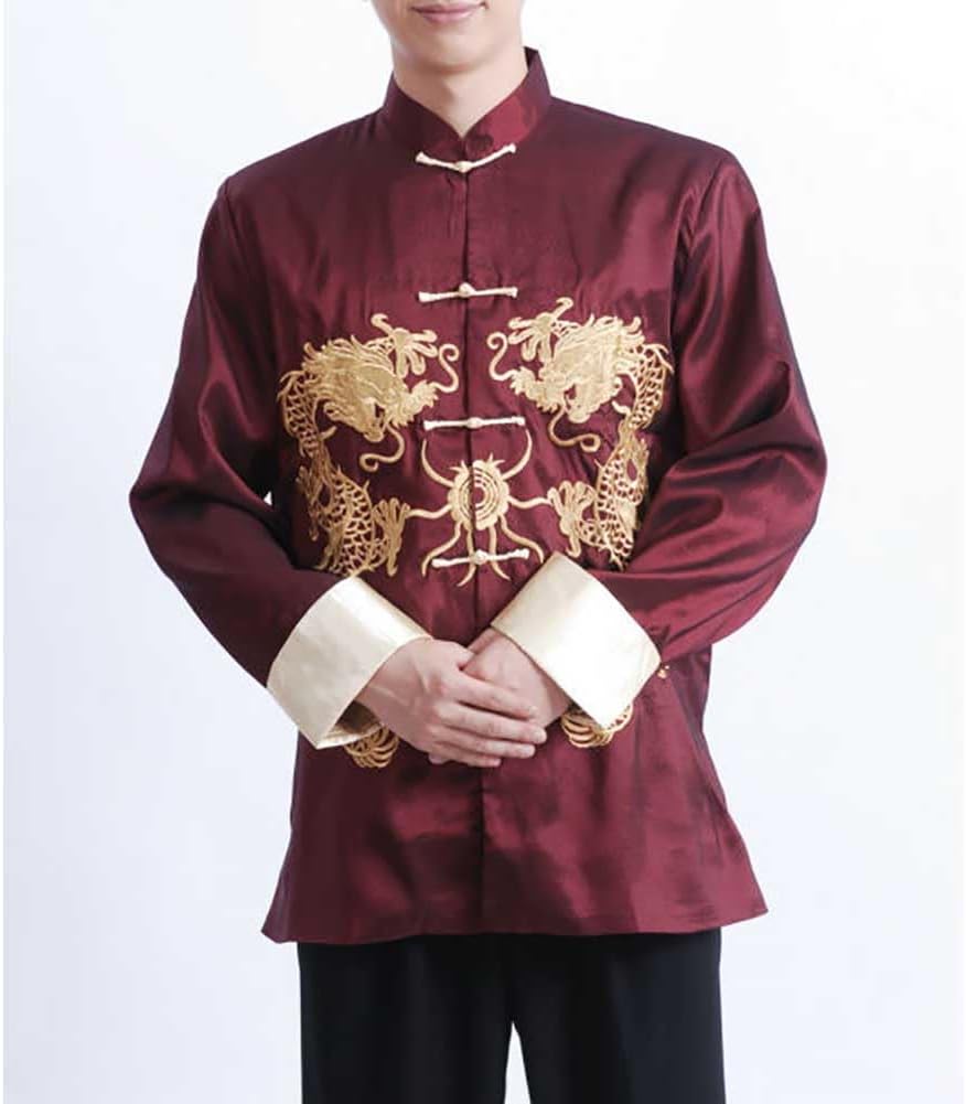 Chinese New Year Men Traditional Tang Jacket Kung Fu Wing Chun Uniform Wedding Party Long Sleeve Top Coat (49# Wine Red, XL)