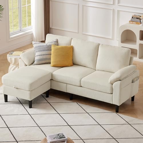 Image of 79.72 inch Corduroy L Shaped Sectional Sofa with Storage Ottoman for Living Room and Small Space