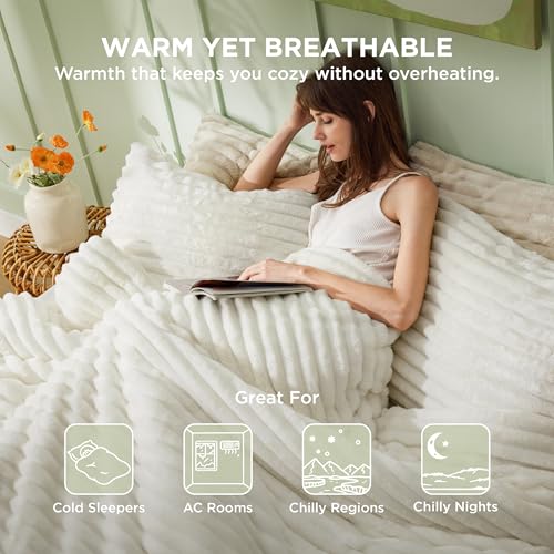 Bedsure Fluffy Comforter Set Queen - Super Soft Faux Fur Bed Set Cream White, All Seasons Warm Plush Fleece Bedding, 3 Pieces, 1 Shaggy Fuzzy Queen Size Comforter with 2 Pillowcases - Image 6