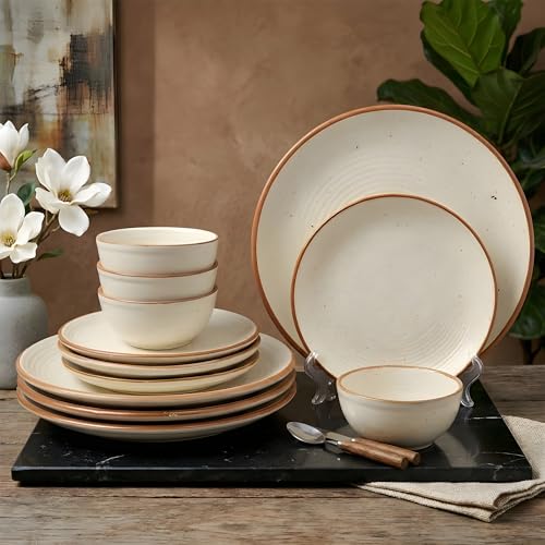 Image of Miah Decor Ceramic Dinner Set - 12-Piece Handmade Stoneware Dining Set | 4 Bowls, 4 Quarter Plates & 4 Dinner Plates | Off White Ribbed Matte Finish | Microwave & Dishwasher Safe | Ideal for Gifting