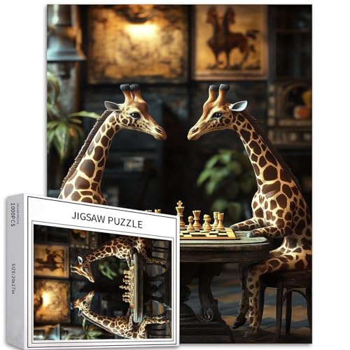 Giraffes Playing Chess 1000 Piece Jigsaw Puzzles for Adults High-end Decorative Background Art Puzzle Colorful DIY Puzzles for Home Decoration Gifts Family Puzzle Perfect for Game Nights 50×70cm
