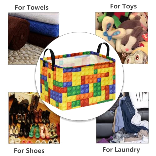 Image of Colorful Building Blocks Print Storage Basket, Waterproof Lining Organizer Bins, Leather Handles, Collapsible for Kids Toys, Clothes, Laundry, Gift Basket