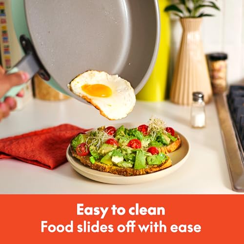 Image of bella 9 Piece Ceramic Nonstick Cookware Set, Fits-anywhere Kitchenware w EverGood Coating, Dishwasher & Oven Safe, All Stovetops Compatible, Stackable Design, Cool Touch Handles, Seaglass