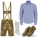 Authentic German Bavarian Oktoberfest Trachten Lederhosen Above Knee Shorts, Shirt, Shoe and Socks (Complete Outfit) (US, Waist, 34, Short, Light Brown)