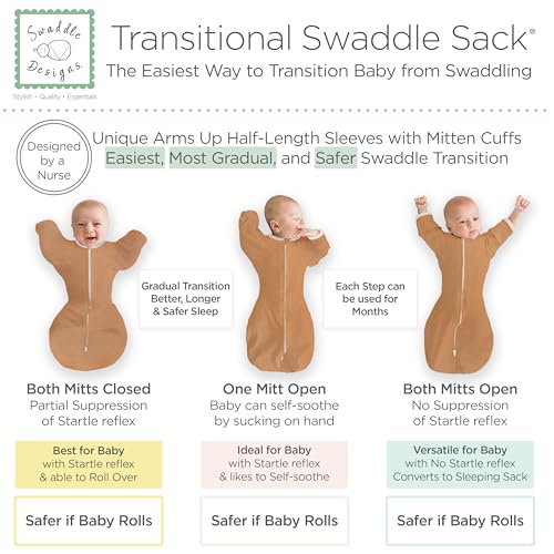 Image of SwaddleDesigns Transitional Swaddle Sack, Arms Up Half-Length Sleeve & Mitten, Most Gradual Transition Swaddle for Newborn