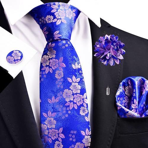 Image of GUSLESON 3.15 inch（8cm） Mens Floral Tie and Lapel Pin Necktie Hankerchief Cufflinks Set for Men