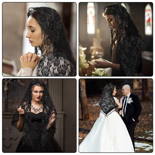 2 Pcs Mass Veil Triangle Mantilla Cathedral Head Covering Chapel Veil Lace Shawl Latin Scarf Latin Mass Head Covering Veils for Wedding Bridal Bridesmaid (Black)4