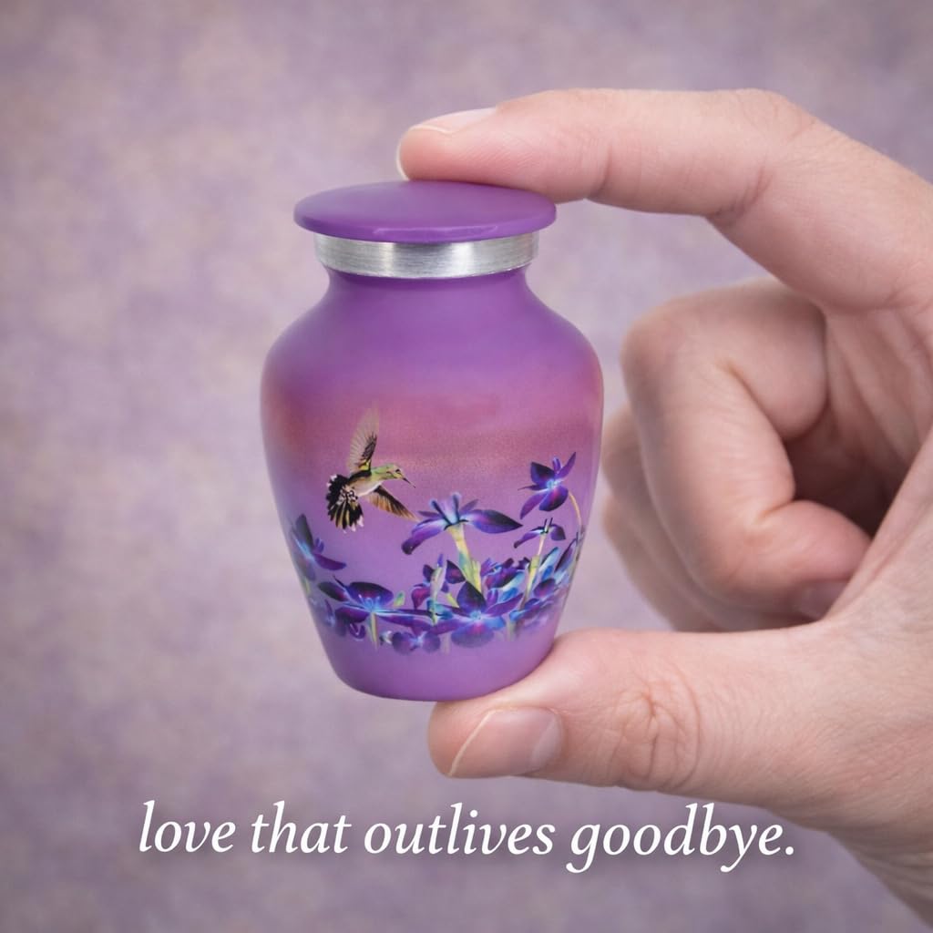 Pequeña urna de cremación de Recuerdo Divit Shilp con Estuche de Terciopelo | Elige Entre Colores únicos | Encantadora Mini Prenda metálica para Cenizas humanas. (Keepsake, Hummingbird Purple)