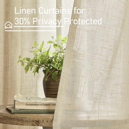 LAMIT 30 Inch Cafe Linen Curtains for Kitchen Window, Semi Sheer Light Filtering Short Curtains Back Tab and Rod Pocket Neutral Drapes for Bathroom/Basement, 2 Panels, Linen, 34 x 30 Inch