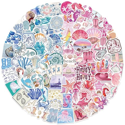100PCS Pink & Blue Coastal Girl Stickers Waterproof Vinyl Sea Life Decals Ocean Beach Aesthetic Stickers for Laptop Water Bottle Journal Cute Marine Animal & Shell Designs