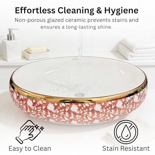 Image of Wallace Designer Oval Table Top Wash Basin 60x40x15 cm | Red & White Floral Pattern with Gold Rim | Premium Ceramic Countertop Vessel Sink | Luxury Above Counter Bathroom Basin