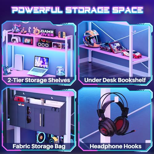 Image of Aheaplus L Shaped Desk Gaming Desk, 59 inch L Shaped Computer Desk with LED Light & Power Outlet, Reversible Home Office Desk Gamer Desks with Shelves & Storage Bag & Hooks, Corner PC Desk, Pink