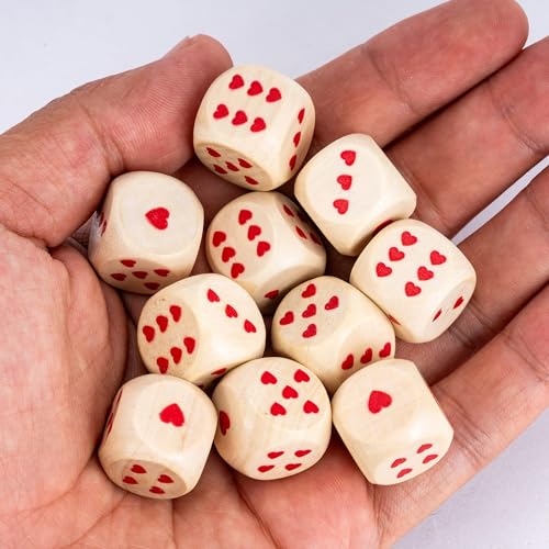 HDdais 10 Pieces 16mm D6 Dice Set, Wooden Standard 6 Sided Dice Set with Leather Bag for D&D, RPG,Table Board Games or Teaching Math (Heart)