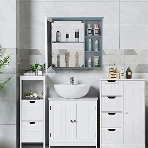 Multipurpose Bathroom Mirror Cabinet, Wall-Mounted Kitchen Medicine Storage Organizer with Open Storage Shelf, Home Decoration,Blue,23.6"