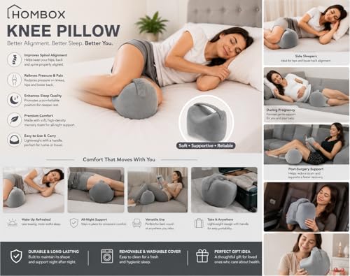 Image of HOMBOX Memory Foam Knee Pillow for Sleeping, Side Sleeper, Sciatica Pain Relief, Knee Joints, Pregnancy, HIPS and Legs Pain, Leg Cushion with Washable Cover, Grey Pack of 1