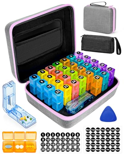 Image of Monthly Pill Organizer 3 Times a Day with Weekly Pill Bags, Portable Hard Shell Case, Pill Cutter & Opener Pick, Monthly and Weekly Stickers for Medication Management (Purple, 3 Times a Day)