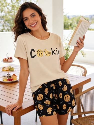Image of VENTELAN Pajama Set For Women Cute PJS Summer Short Sleeve Shorts Sleepwear