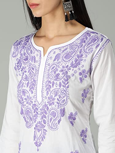 Image of Seva Chikan Hand Embroidered Lucknowi Chikankari Regular Straight Cotton Kurta Kurti for Women SCL4243