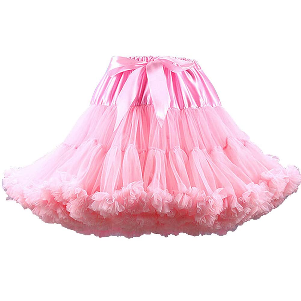Philaeec Women's Pink Elastic Waist Chiffon Petticoat Puffy Tutu Tulle Skirt Multi-Layer Cosplay Fluffy Skirt Underskirt, Length 40Cm, Waist 55-95Cm (Pink)