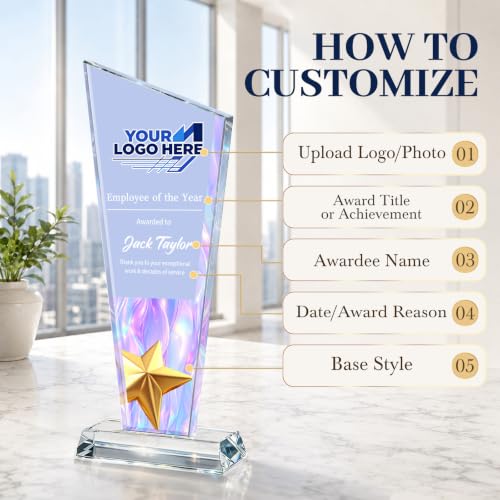 Image of Custom Crystal Trophy Award Personalized Plaque Award with Text Logo Photo Awards Trophies for Employee Recognition Team Graduation Personalized Office Gifts for Boss Coworker Teacher