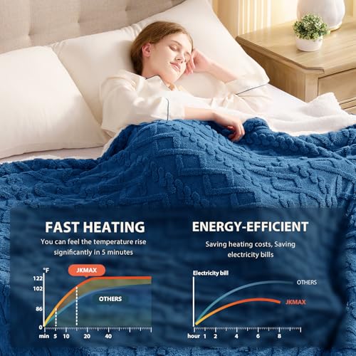 JKMAX Heated Electric Blanket Twin Size-62"x84" Heating Blanket with 10 Heating Levels & 5 Time Settings Over-Heat Protection,Winter Warmer for Adults with ETL Certification(Blue)