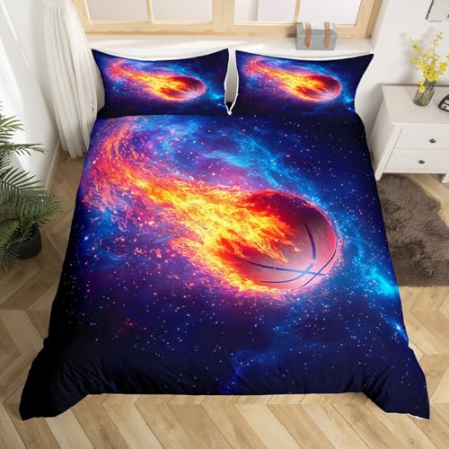 3D Basketball Duvet Cover King Size for Kids Boys Teens,Universe Flame Sport Ball 3 Pieces Duvet Cover,Glitter Galaxy Sky Soft Comforter Cover (Not Comforter),Kids Kids Basketball Sky Quilt Cover