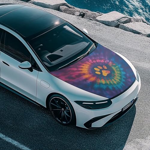 Image of Car Hood Cover, Tie-dye Dog Paw Car Hood Wrap Blankets Waterproof Stretchable Auto Exterior Accessories for Compact Sedans SUV Trucks Van (59x39 Inch)