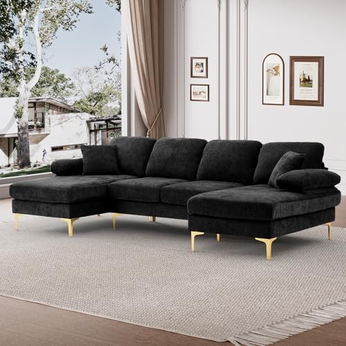 Image of OUYESSIR 112 inch Cloud Sectional Sofa with Extra Deep Seat,U Shaped Sectional Couches for Living Room,4 Seater Chenille Sofas & Couches,Modern Apartment Couch with Double Chaise Lounge, Black