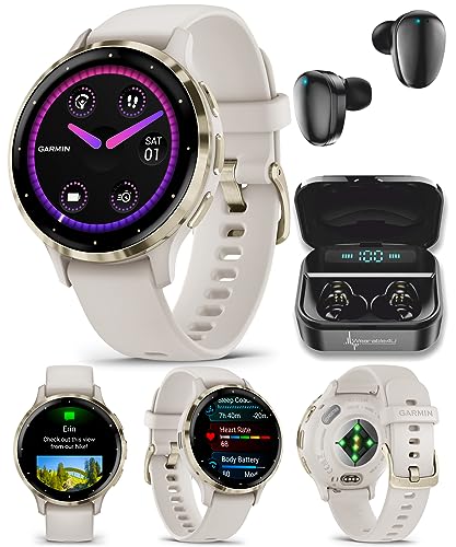 Wearable4U Garmin Venu 3S GPS Smartwatch, AMOLED Display 41 mm Watch, Health and Fitness Features, Up to 10 Days of Battery, Sleep Coach, Ivory Case with Black Earbuds Bundle