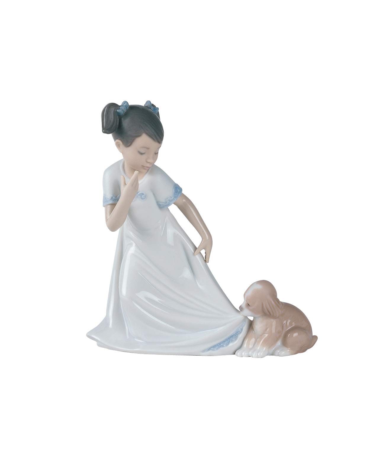 Nao Girls White And Black Let Me Go!. Decorative Figure Of With Puppy In Glossy Porcelain. Ornamental Figurine Of Playing With Puppy In Pastel Tones For Home Decoration